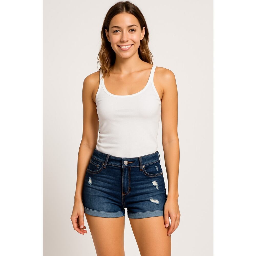 Indigo Rein Womens Distressed Denim Shorts Size 15 Dark Wash Cuffed Travel